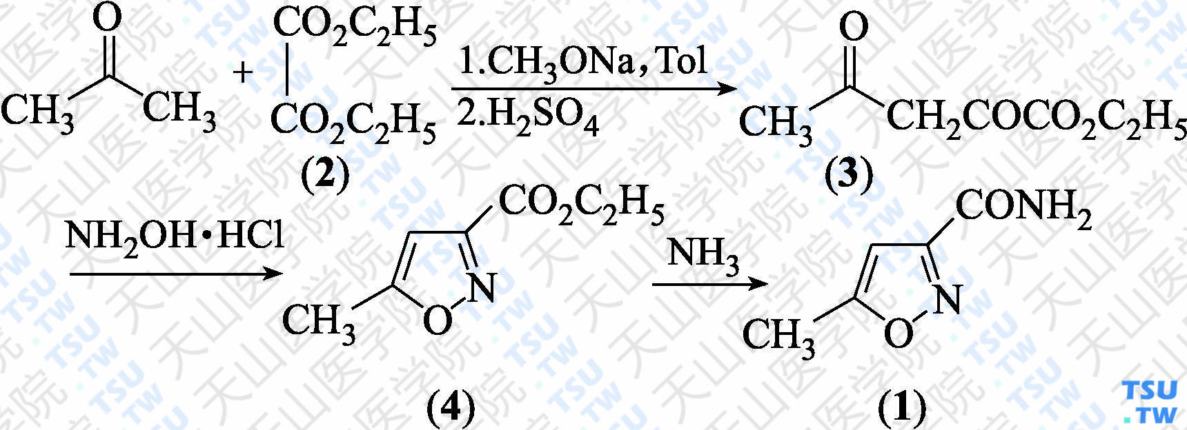 5-甲基异噁唑-3-甲酰胺（分子式：C<sub>5</sub>H<sub>6</sub>N<sub>2</sub>O<sub>2</sub>）的合成方法路线及其结构式