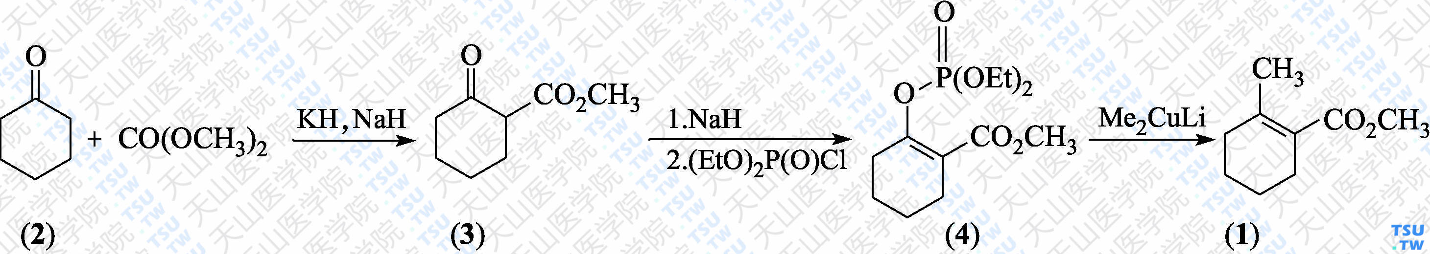 2-甲基-1-环己烯-1-羧酸甲酯（分子式：C<sub>9</sub>H<sub>14</sub>O<sub>2</sub>）的合成方法路线及其结构式