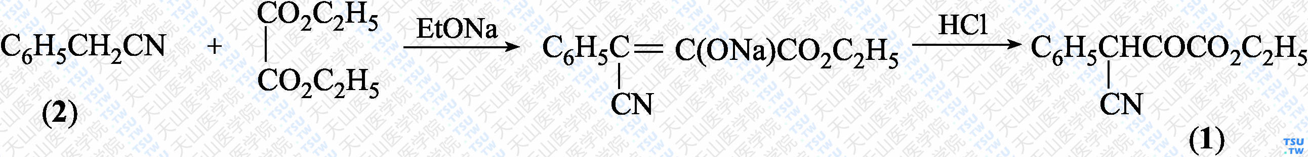 <i>γ</i>-苯基-<i>γ</i>-氰基丙酮酸乙酯（分子式：C<sub>12</sub>H<sub>11</sub>NO<sub>3</sub>）的合成方法路线及其结构式
