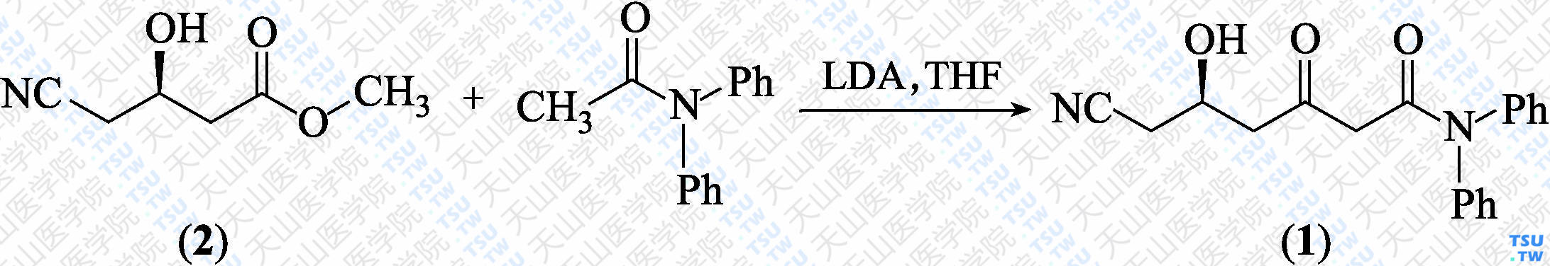 （<i>R</i>）-6-氰基-5-羟基-3-氧代-<i>N</i>，<i>N</i>-二苯基己酰胺（分子式：C<sub>19</sub>H<sub>18</sub>N<sub>2</sub>O<sub>3</sub>）的合成方法路线及其结构式