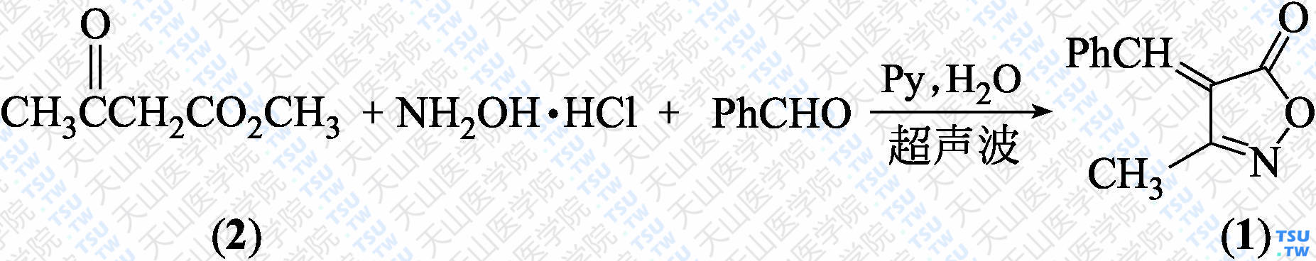 3-甲基-4-苯亚甲基-异噁唑-5（4<i>H</i>）-酮（分子式：C<sub>11</sub>H<sub>9</sub>NO<sub>2</sub>）的合成方法路线及其结构式