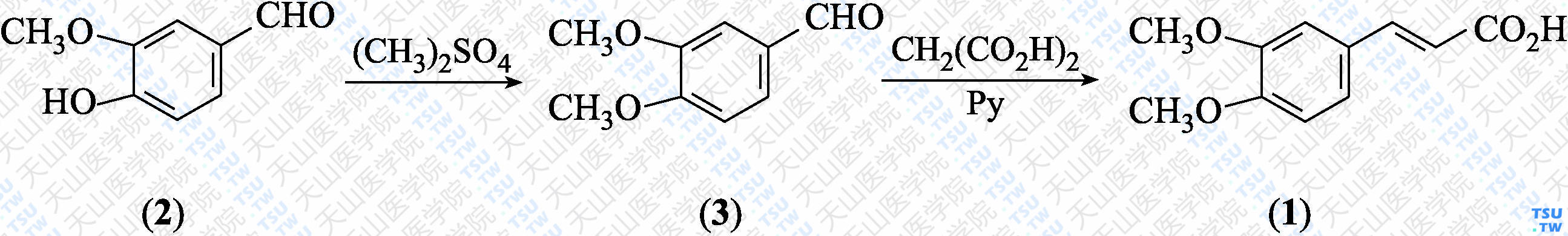 （<i>E</i>）-3，4-二甲氧基肉桂酸（分子式：C<sub>11</sub>H<sub>12</sub>O<sub>4</sub>）的合成方法路线及其结构式