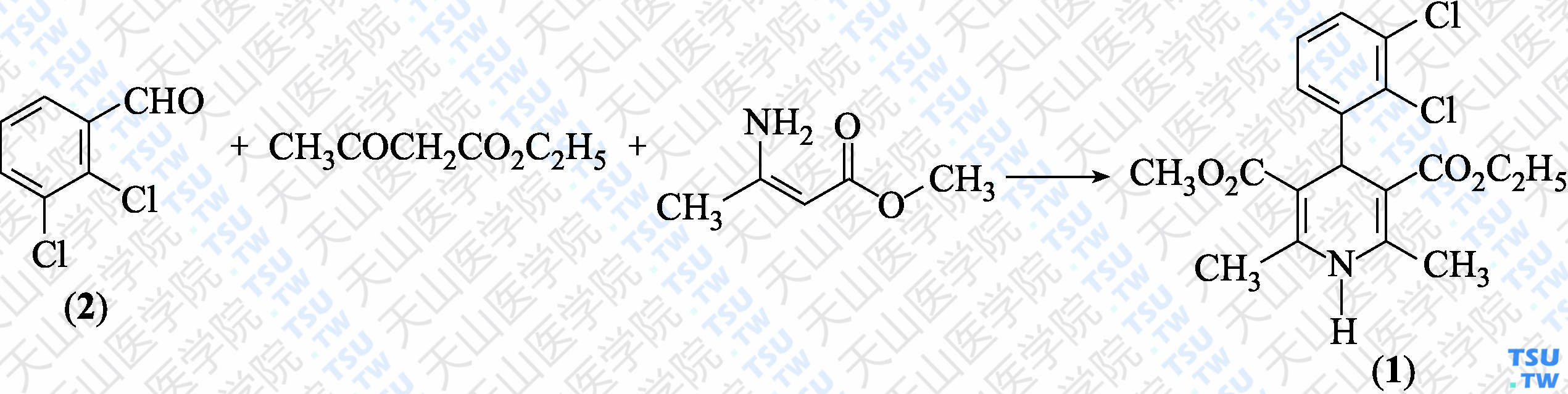 非洛地平（分子式：C<sub>18</sub>H<sub>19</sub>Cl<sub>2</sub>NO<sub>4</sub>）的合成方法路线及其结构式