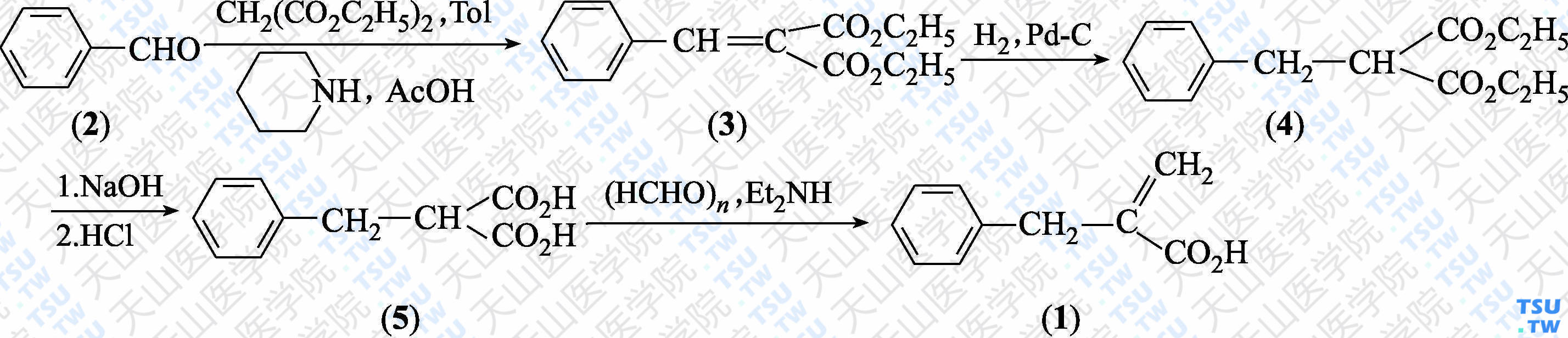 2-苄基丙烯酸（分子式：C<sub>10</sub>H<sub>10</sub>O<sub>2</sub>）的合成方法路线及其结构式