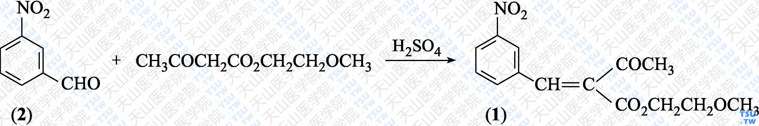 3-硝基苯亚甲基乙酰乙酸甲氧基乙酯（分子式：C<sub>14</sub>H<sub>15</sub>NO<sub>6</sub>）的合成方法路线及其结构式