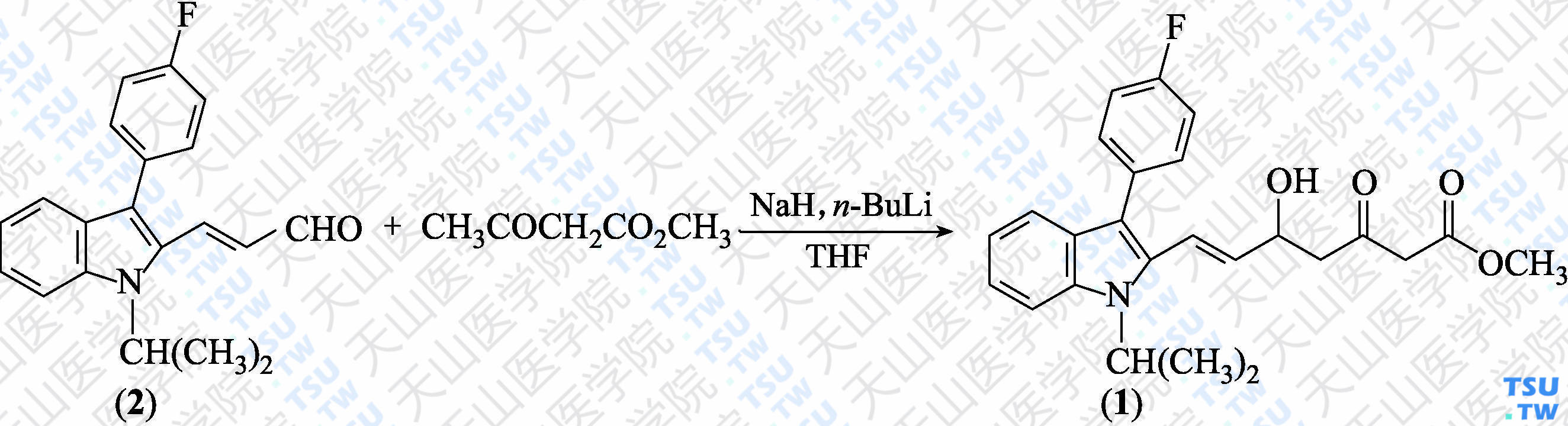 （±）-（<i>E</i>）-7-[3-（4-氟苯基）-1-异丙基-1<i>H</i>-吲哚-2-基]-5-羟基-3-氧代-庚-6-烯酸甲酯（分子式：C<sub>25</sub>H<sub>26</sub> FNO<sub>4</sub>）的合成方法路线及其结构式