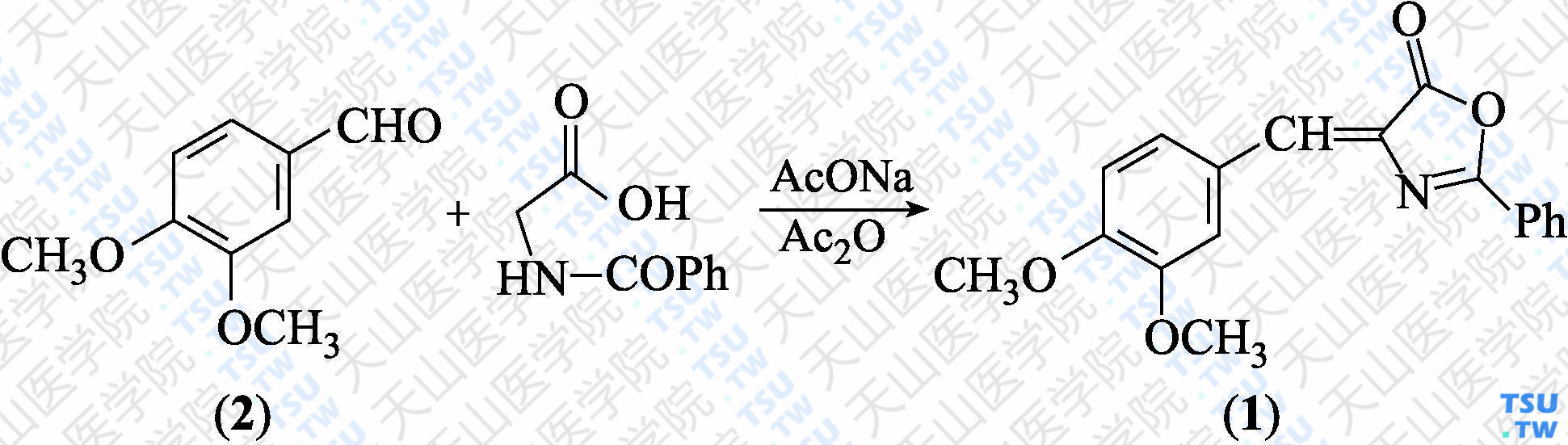 4-（3，4-二甲氧苯亚甲基）-2-苯基噁唑-5（4<i>H</i>）-酮（分子式：C<sub>18</sub>H<sub>15</sub>NO<sub>4</sub>）的合成方法路线及其结构式