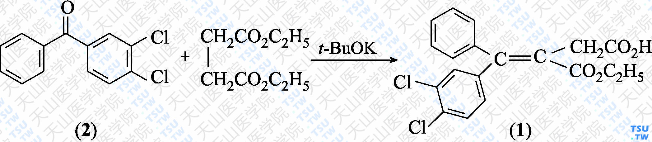4-（3，4-二氯苯基）-3-（乙氧羰基）-4-苯基丁-3-烯酸（分子式：C<sub>19</sub>H<sub>16</sub> Cl<sub>2</sub>O<sub>4</sub>）的合成方法路线及其结构式