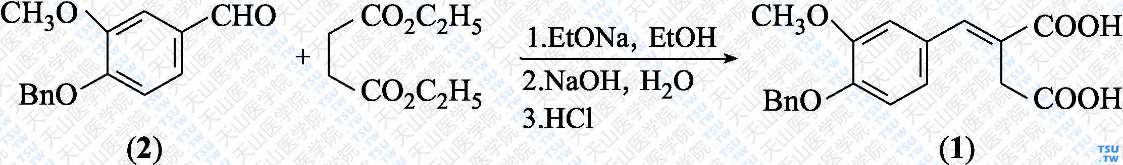 （<i>E</i>）-2-（4-苄氧基-3-甲氧基苯亚甲基）丁二酸（分子式：C<sub>19</sub>H<sub>18</sub>O<sub>6</sub>）的合成方法路线及其结构式