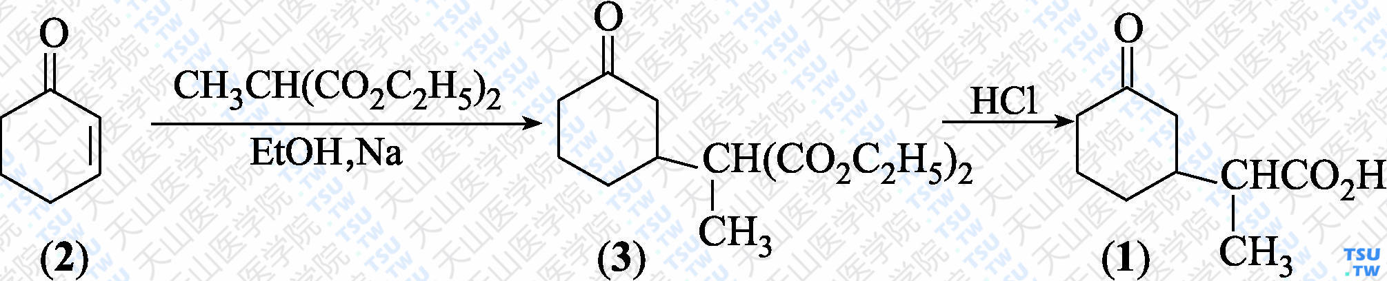 2-（3-氧代环己基）丙酸（分子式：C<sub>9</sub>H<sub>14</sub>O<sub>3</sub>）的合成方法路线及其结构式