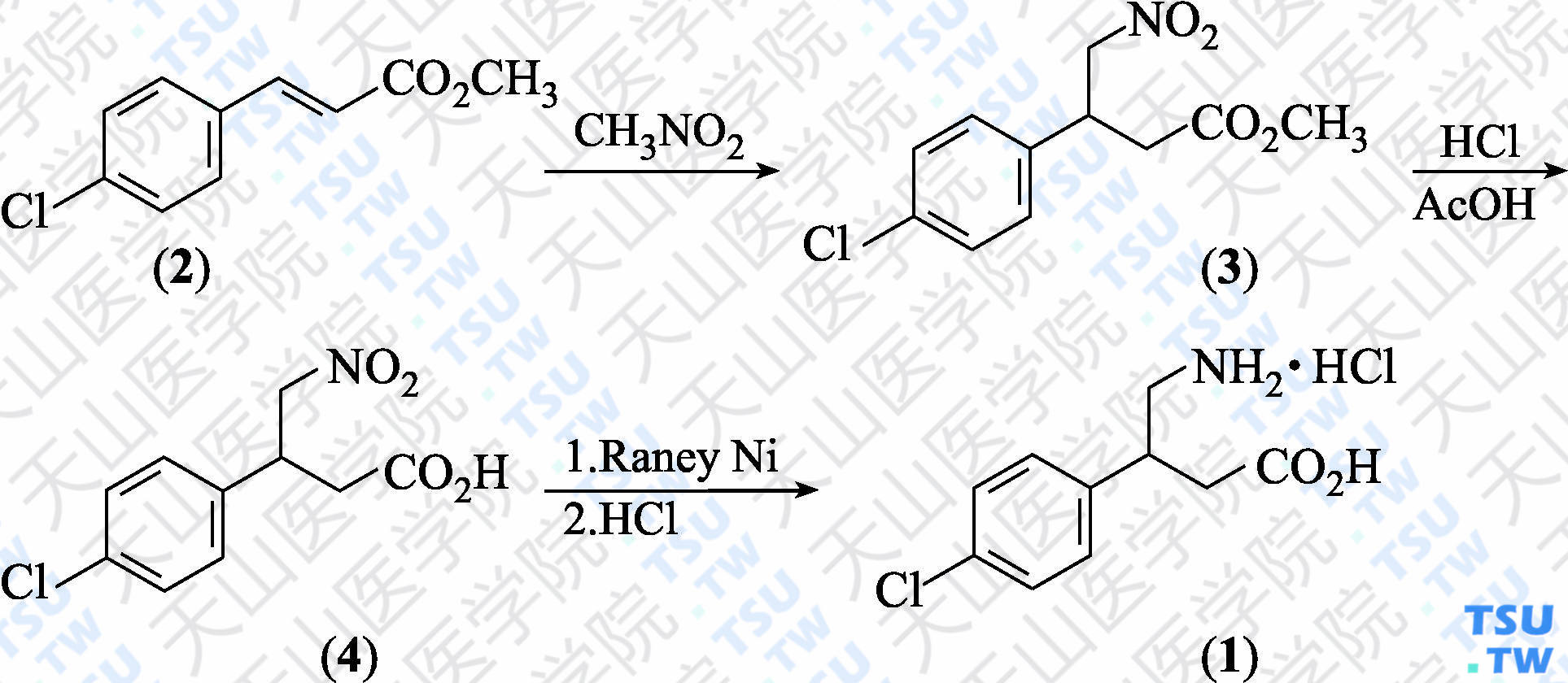 盐酸巴氯芬（分子式：C<sub>10</sub>H<sub>12</sub>ClNO<sub>2</sub>·HCl）的合成方法路线及其结构式