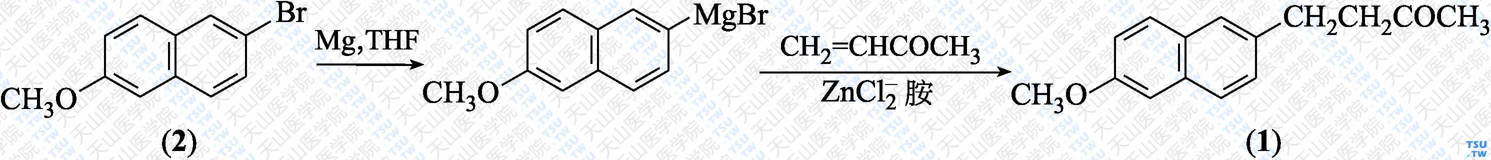 萘丁美酮（分子式：C<sub>15</sub>H<sub>16</sub>O<sub>2</sub>）的合成方法路线及其结构式