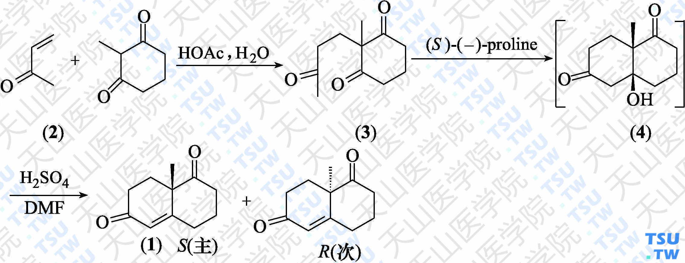 （<i>S</i>）-3，4，8，8<i>α</i>-四氢-8<i>α</i>-甲基-1，6（2<i>H</i>，7<i>H</i>）-萘二酮（分子式：C<sub>11</sub>H<sub>14</sub>O<sub>2</sub>）的合成方法路线及其结构式