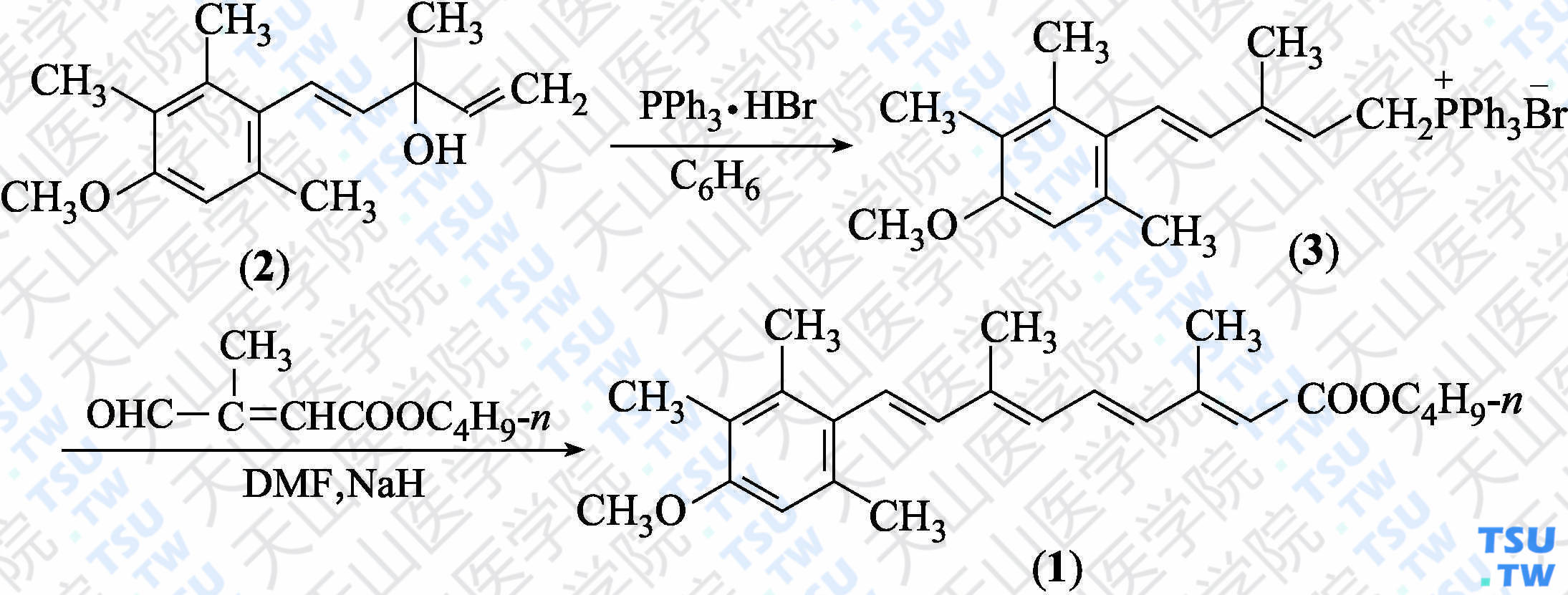 9-（4-甲氧基-2，3，4-三甲基苯基）-3，7-二甲基壬-2，4，6，8-四烯酸丁酯（分子式：C<sub>25</sub>H<sub>34</sub>O<sub>3</sub>）的合成方法路线及其结构式