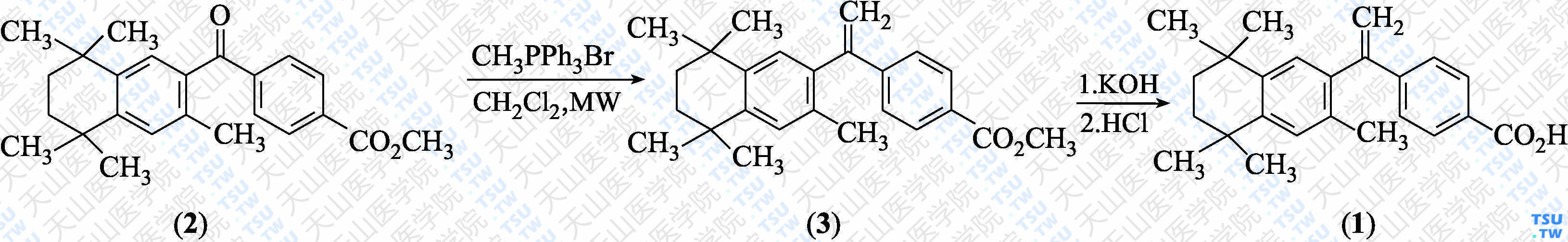 贝萨罗汀（分子式：C<sub>24</sub>H<sub>28</sub>O<sub>2</sub>）的合成方法路线及其结构式