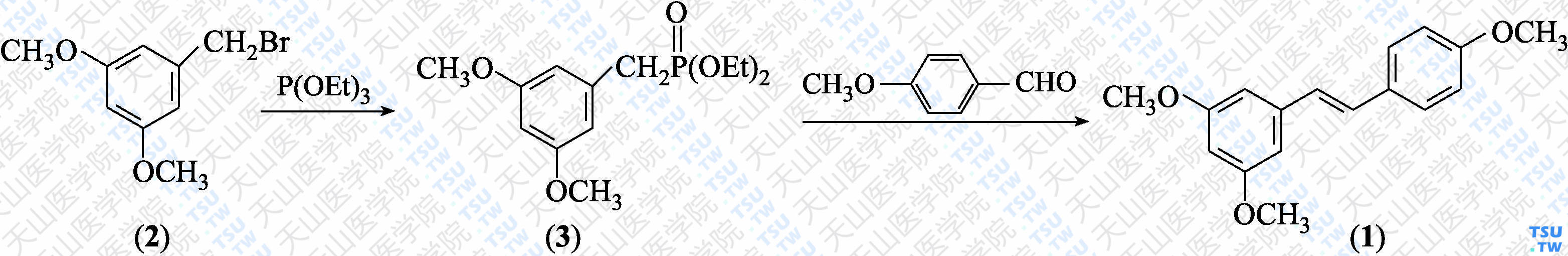 （<i>E</i>）-3，4'，5-三甲氧基二苯乙烯（分子式：C<sub>17</sub>H<sub>18</sub>O<sub>3</sub>）的合成方法路线及其结构式