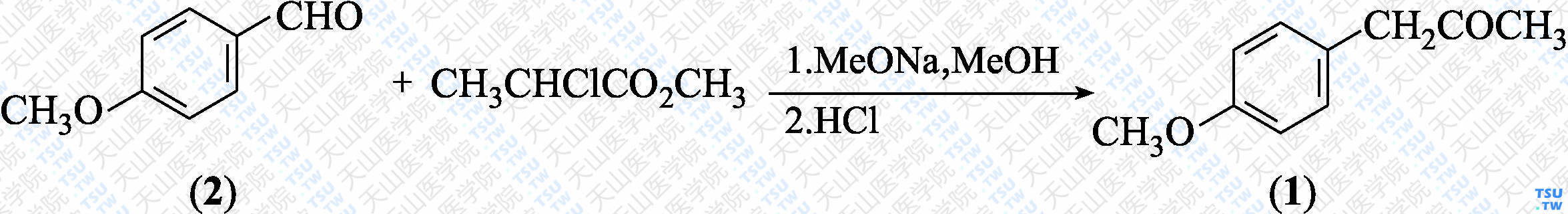 对甲氧基苯丙酮（分子式：C<sub>10</sub>H<sub>12</sub>O<sub>2</sub>）的合成方法路线及其结构式