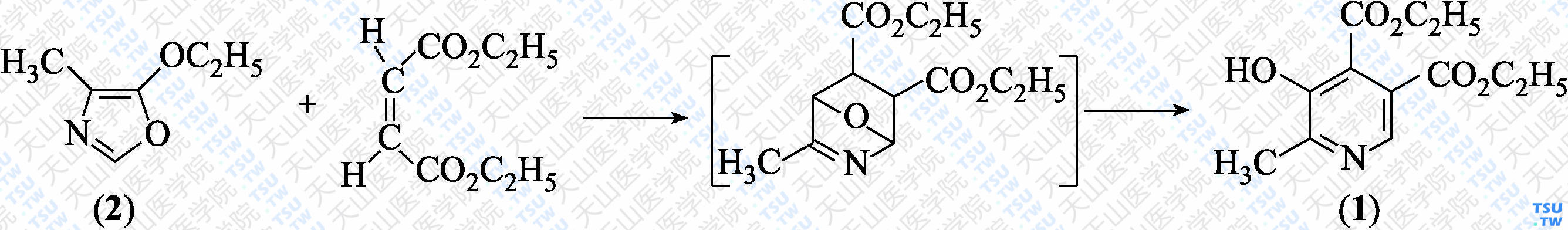 2-甲基-3-羟基吡啶-4，5-二甲酸二乙酯（分子式：C<sub>12</sub>H<sub>15</sub>NO<sub>5</sub>）的合成方法路线及其结构式
