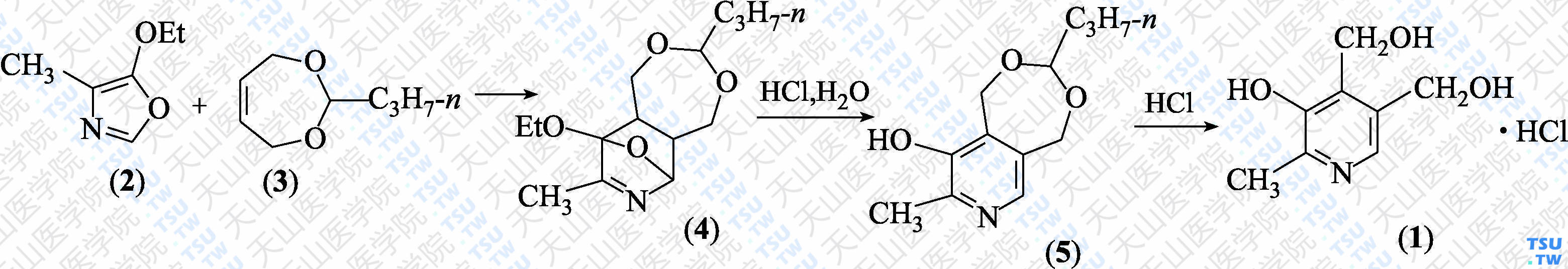 维生素B<sub>6</sub>（分子式：C<sub>8</sub>H<sub>11</sub>NO<sub>3</sub>·HCl）的合成方法路线及其结构式