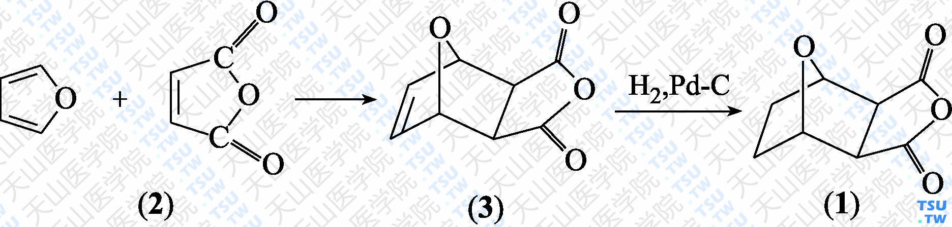 去甲斑蝥素（分子式：C<sub>8</sub>H<sub>8</sub>O<sub>4</sub>）的合成方法路线及其结构式