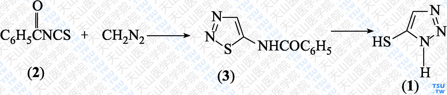 5-巯基-1，2，3-三唑（分子式：C<sub>2</sub>H<sub>3</sub>N<sub>3</sub>S）的合成方法路线及其结构式