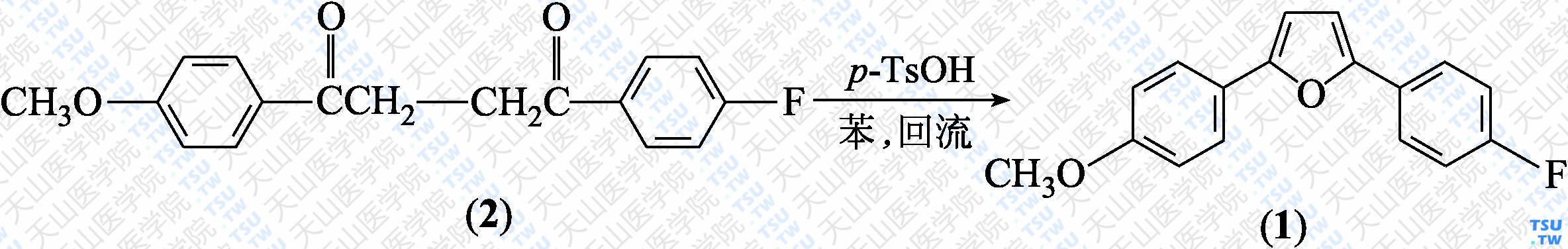 2-对氟苯基-5-对甲氧基苯基呋喃（分子式：C<sub>17</sub>H<sub>13</sub>FO<sub>2</sub>）的合成方法路线及其结构式