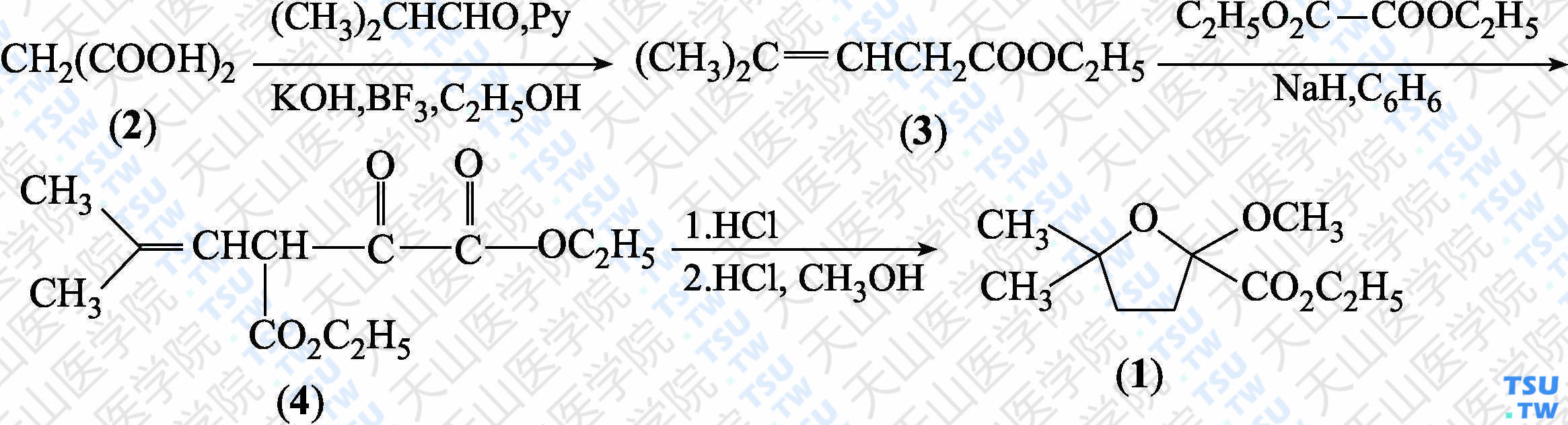 2-甲氧基-5，5-二甲基四氢呋喃-2-羧酸甲酯（分子式：C<sub>10</sub>H<sub>18</sub>O<sub>4</sub>）的合成方法路线及其结构式