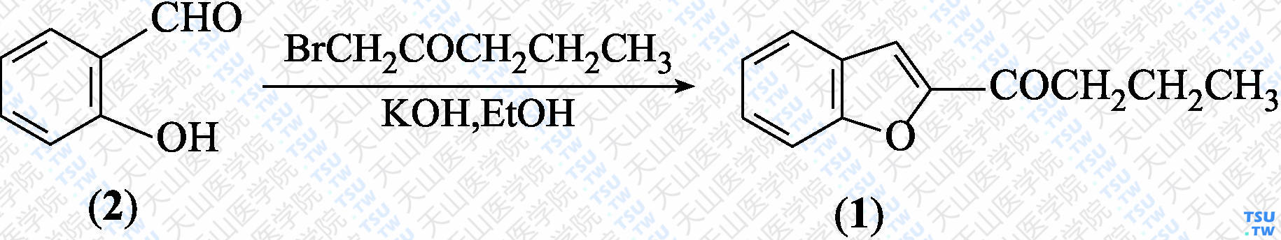2-丁酰基苯并呋喃（分子式：C<sub>12</sub>H<sub>12</sub>O<sub>2</sub>）的合成方法路线及其结构式