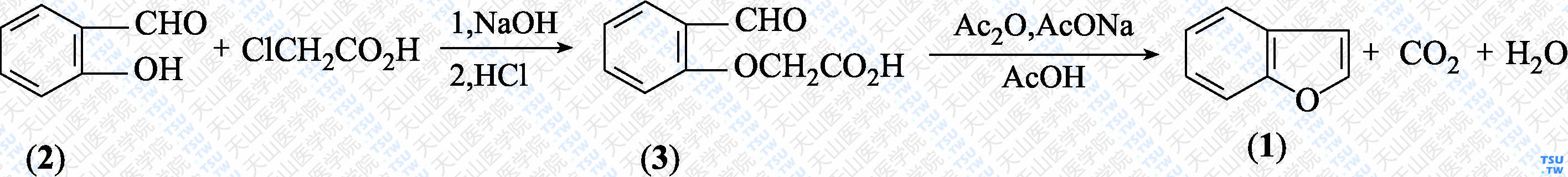 苯并呋喃（分子式：C<sub>8</sub>H<sub>6</sub>O）的合成方法路线及其结构式