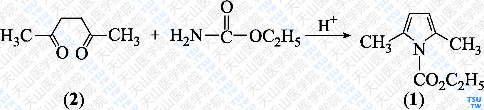 <i>N</i>-乙氧羰基-2，5-二甲基吡咯（分子式：C<sub>9</sub>H<sub>13</sub>NO<sub>2</sub>）的合成方法路线及其结构式