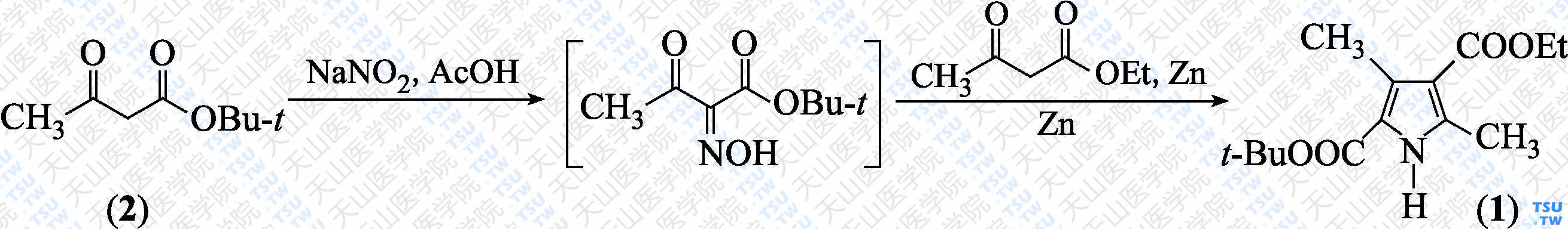 3，5-二甲基-4-乙氧羰基1<i>H</i>-吡咯-2-羧酸叔丁酯（分子式：C<sub>14</sub>H<sub>21</sub>NO<sub>4</sub>）的合成方法路线及其结构式