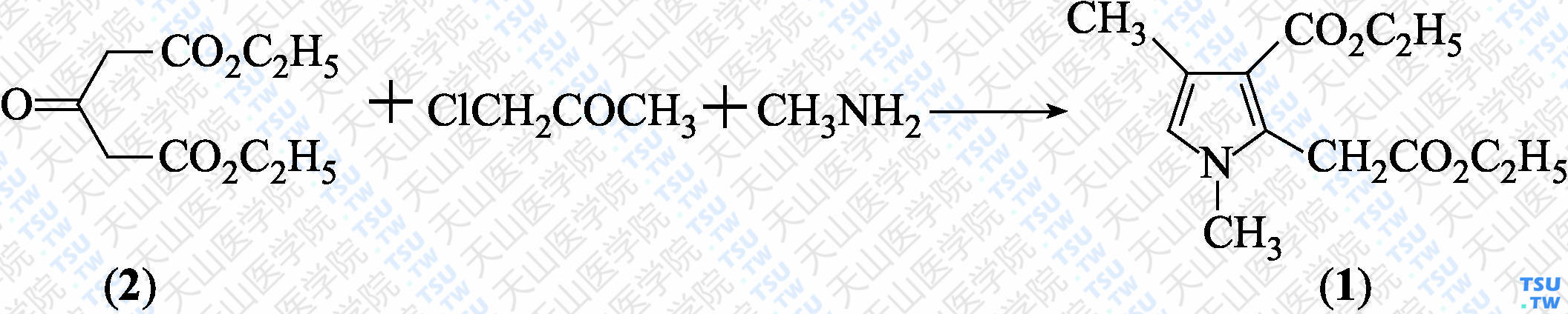 1，4-二甲基-2-（2-乙氧-2-氧代乙基）-1<i>H</i>-吡咯-3-甲酸乙酯（分子式：C<sub>13</sub>H<sub>19</sub>NO<sub>4</sub>）的合成方法路线及其结构式