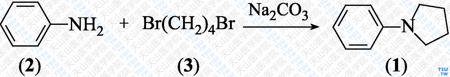 <i>N</i>-苯基吡咯烷（分子式：C<sub>10</sub>H<sub>13</sub>N）的合成方法路线及其结构式