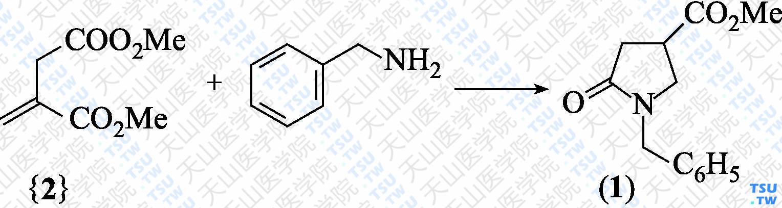 1-苄基-5-氧代吡咯烷-3-甲酸甲酯（分子式：C<sub>13</sub>H<sub>15</sub>NO<sub>3</sub>）的合成方法路线及其结构式
