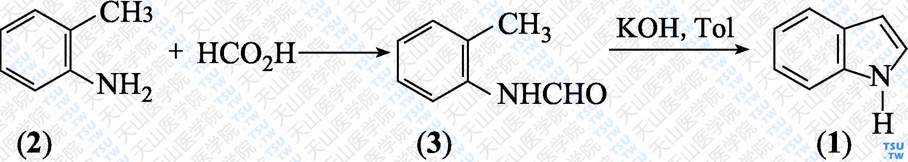 吲哚（分子式：C<sub>8</sub>H<sub>7</sub>N）的合成方法路线及其结构式