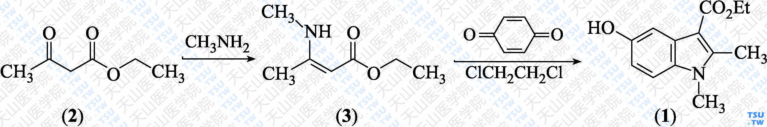 1，2-二甲基-5-羟基-1<i>H</i>-吲哚-3-羧酸乙酯（分子式：C<sub>13</sub>H<sub>15</sub>NO<sub>3</sub>）的合成方法路线及其结构式