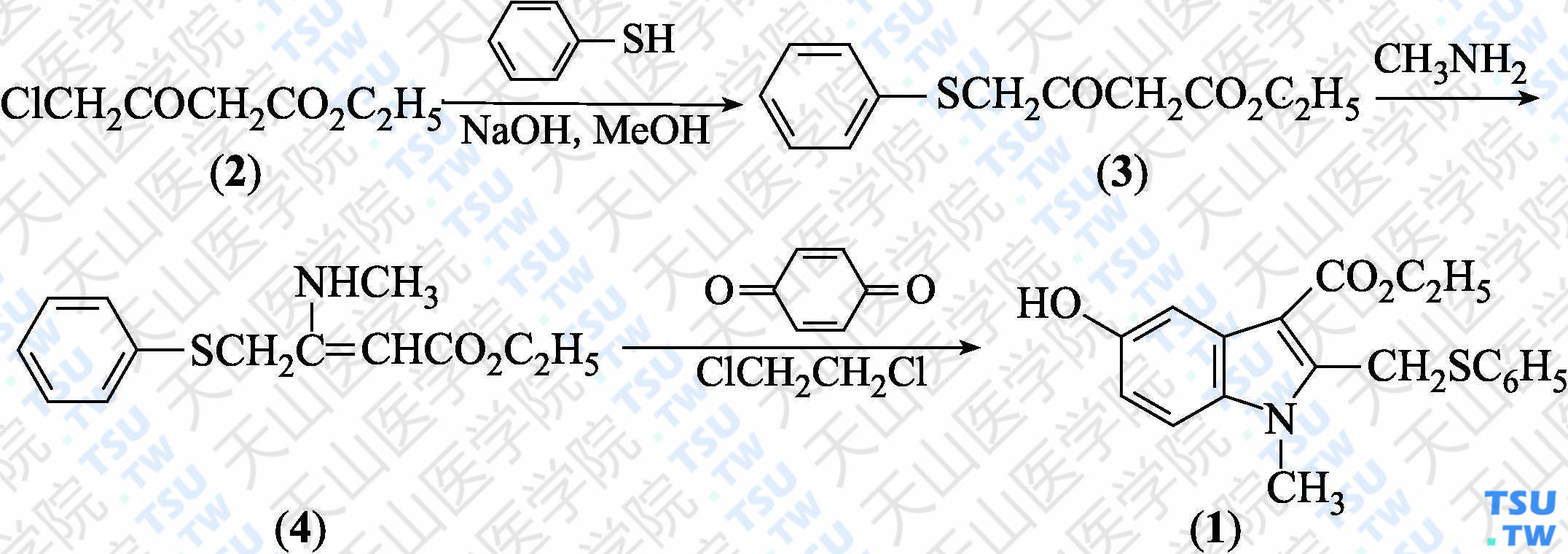 1-甲基-2-苯硫甲基-5-羟基吲哚-3-羧酸乙酯（分子式：C<sub>19</sub>H<sub>19</sub>NO<sub>3</sub>S）的合成方法路线及其结构式