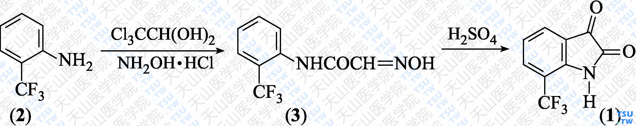 7-三氟甲基靛红（分子式：C<sub>9</sub>H<sub>4</sub>F<sub>3</sub>NO<sub>2</sub>）的合成方法路线及其结构式