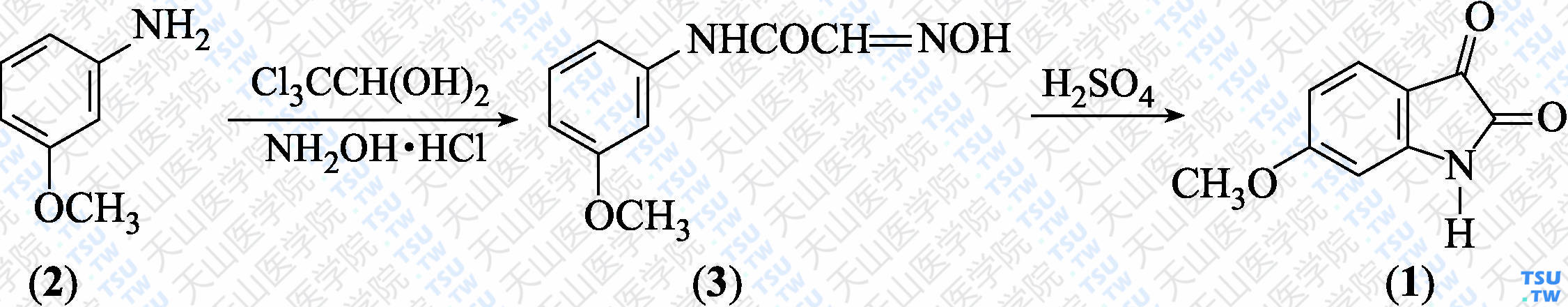 6-甲氧基靛红（分子式：C<sub>9</sub>H<sub>7</sub>NO<sub>3</sub>）的合成方法路线及其结构式