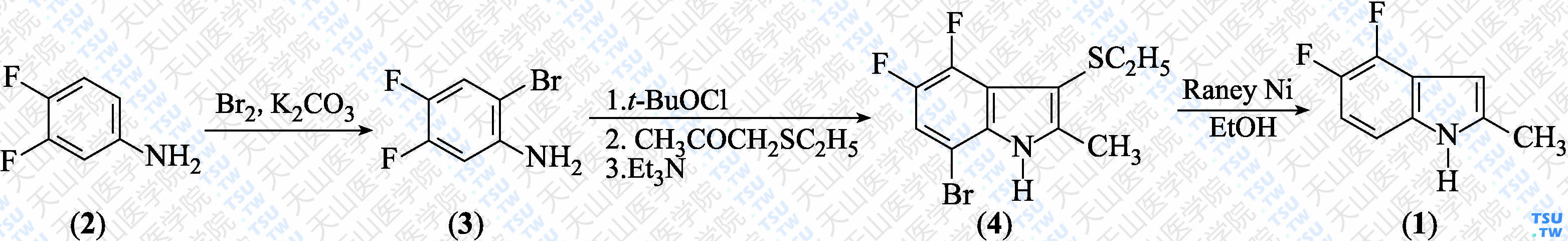 4，5-二氟-2-甲基吲哚（分子式：C<sub>9</sub>H<sub>7</sub>F<sub>2</sub>N）的合成方法路线及其结构式