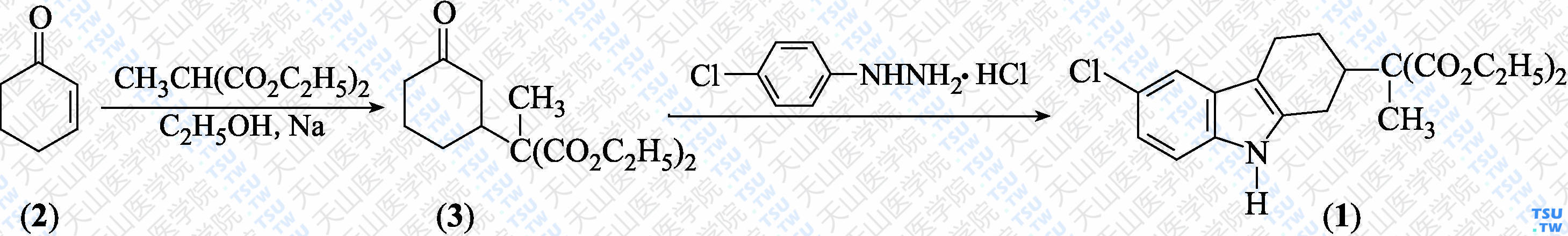 （6-氯-1，2，3，4-四氢-I<i>H</i>-2-咔唑基）甲基丙二酸二乙酯（分子式：C<sub>20</sub>H<sub>24</sub>Cl NO<sub>4</sub>）的合成方法路线及其结构式