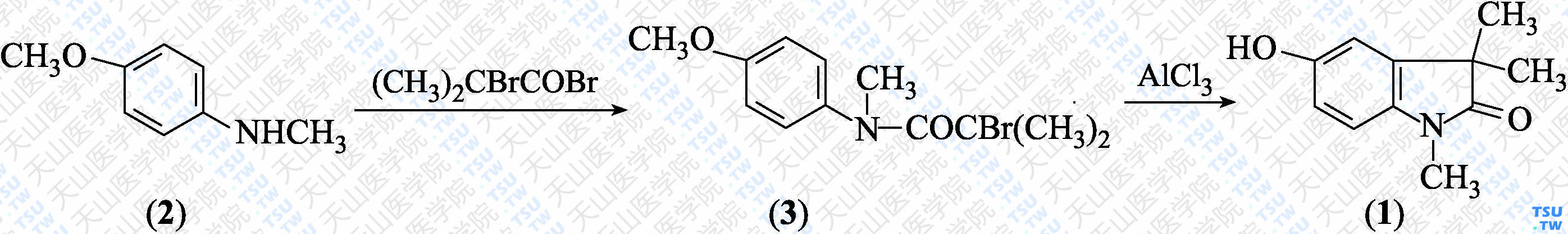 1，3，3-三甲基-5-羟基吲哚晽-2-酮（分子式：C<sub>11</sub>H<sub>13</sub>NO<sub>2</sub>）的合成方法路线及其结构式