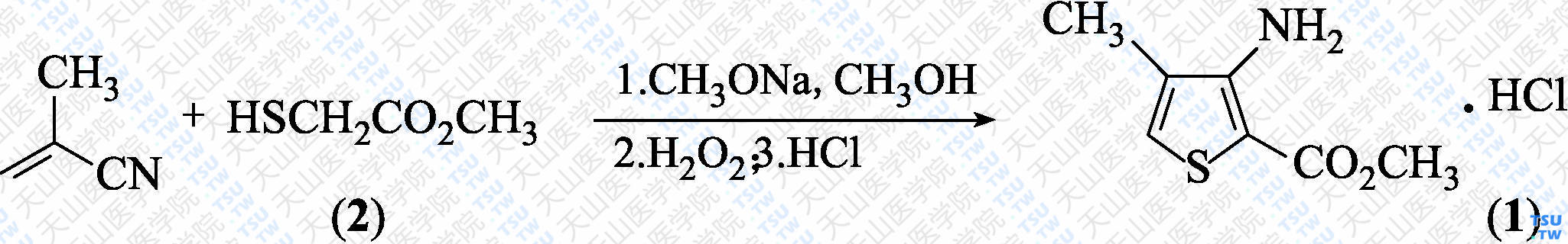 3-氨基-4-甲基噻吩-2-羧酸甲酯盐酸盐（分子式：C<sub>7</sub>H<sub>9</sub>NO<sub>2</sub>S·HCl）的合成方法路线及其结构式