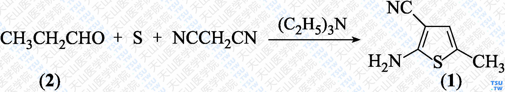 2-氨基-3-氰基-5-甲基噻吩（分子式：C<sub>6</sub>H<sub>6</sub>N<sub>2</sub>S）的合成方法路线及其结构式