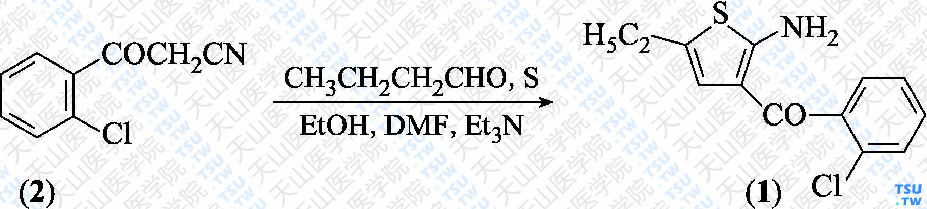 2-氨基-5-乙基-3-（2-氯苯甲酰基）噻吩（分子式：C<sub>13</sub>H<sub>12</sub>ClNOS）的合成方法路线及其结构式