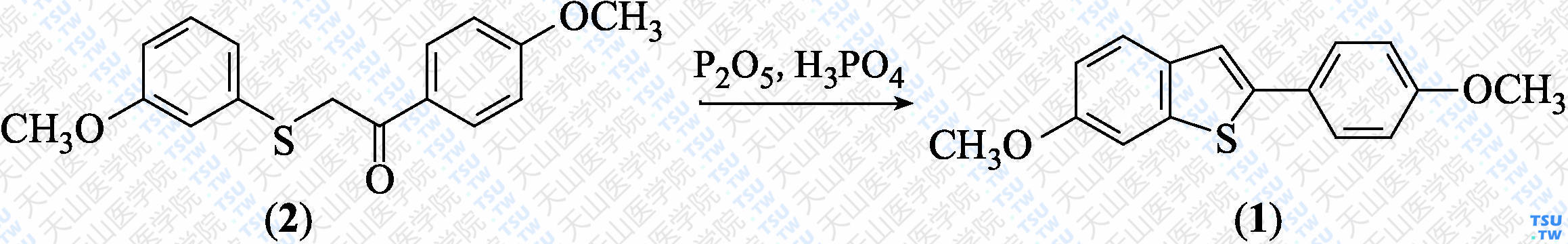 6-甲氧基-2-（4-甲氧基苯基）苯并[<i>b</i>]噻吩（分子式：C<sub>16</sub>H<sub>14</sub>O<sub>2</sub>S）的合成方法路线及其结构式