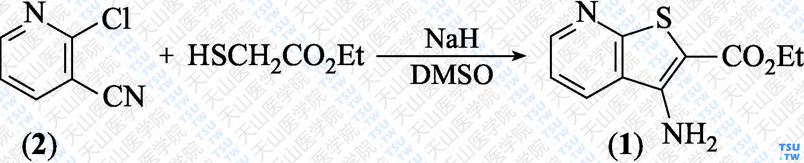 3-氨基吡啶并[3，2-<i>b</i>]噻吩-2-羧酸乙酯（分子式：C<sub>10</sub>H<sub>10</sub>N<sub>2</sub>O<sub>2</sub>S）的合成方法路线及其结构式
