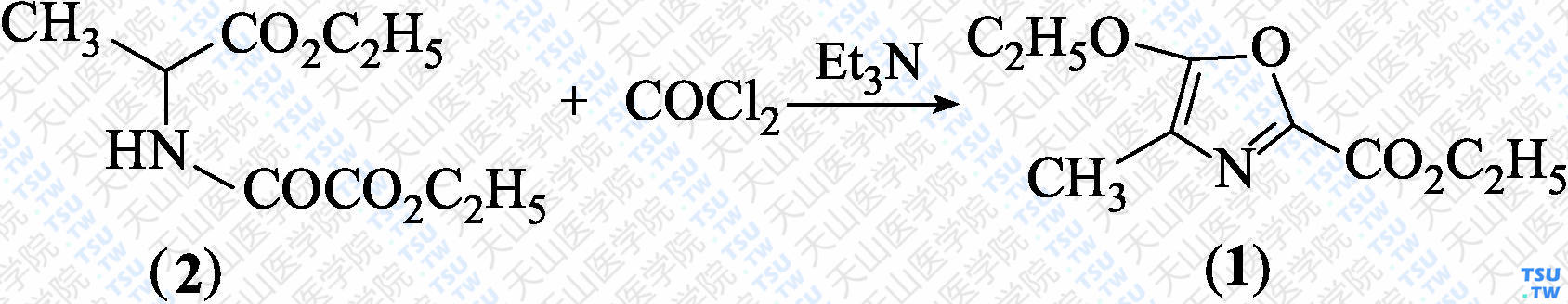 4-甲基-5-乙氧基噁唑-2-甲酸乙酯（分子式：C<sub>9</sub>H<sub>13</sub>NO<sub>4</sub>）的合成方法路线及其结构式