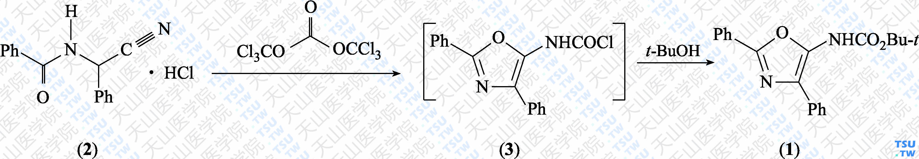 2，4-二苯基噁唑-5-基氨基甲酸叔丁酯（分子式：C<sub>20</sub>H<sub>20</sub>N<sub>2</sub>O<sub>3</sub>）的合成方法路线及其结构式
