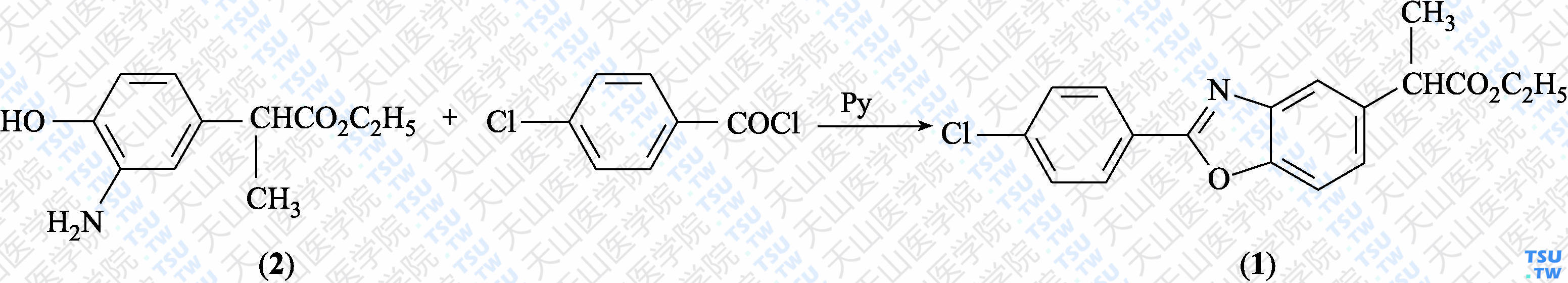 2-[2-（4-氯苯基）苯并[<i>d</i>]噁唑-5-基]丙酸乙酯（分子式：C<sub>18</sub>H<sub>16</sub>ClNO<sub>3</sub>）的合成方法路线及其结构式